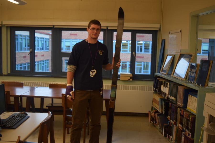 Proud ski team member (and author of this article) Danny Boyle poses with the engraved ski given by Cherry Creek High School in 69 to recognize Holyokes excellent ski squad.