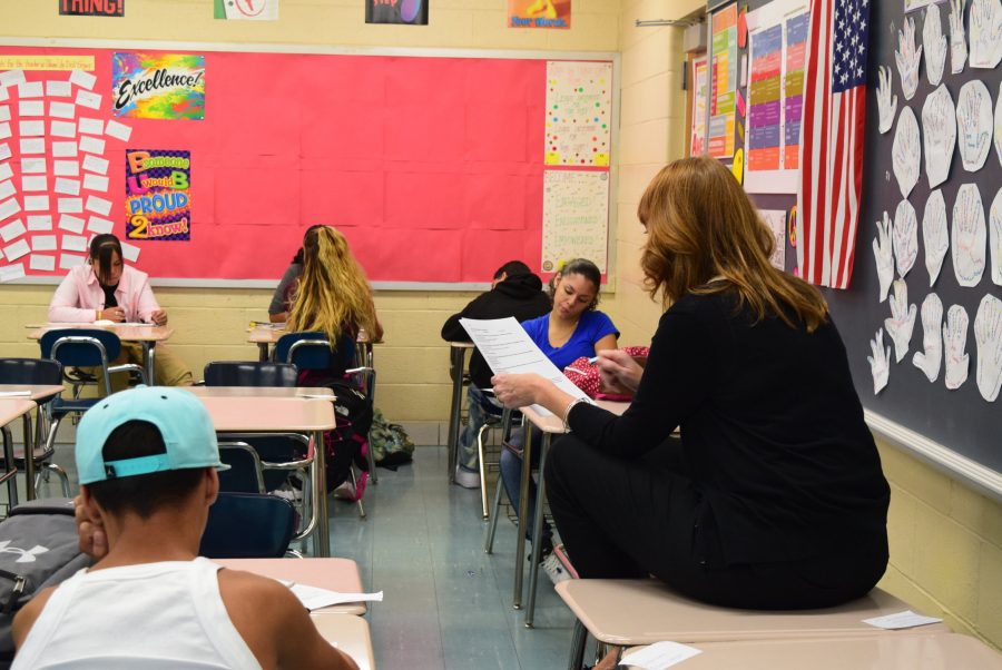 Ninth grade teacher Lori McKenna teaches students in the new Holyoke High freshman academy. 